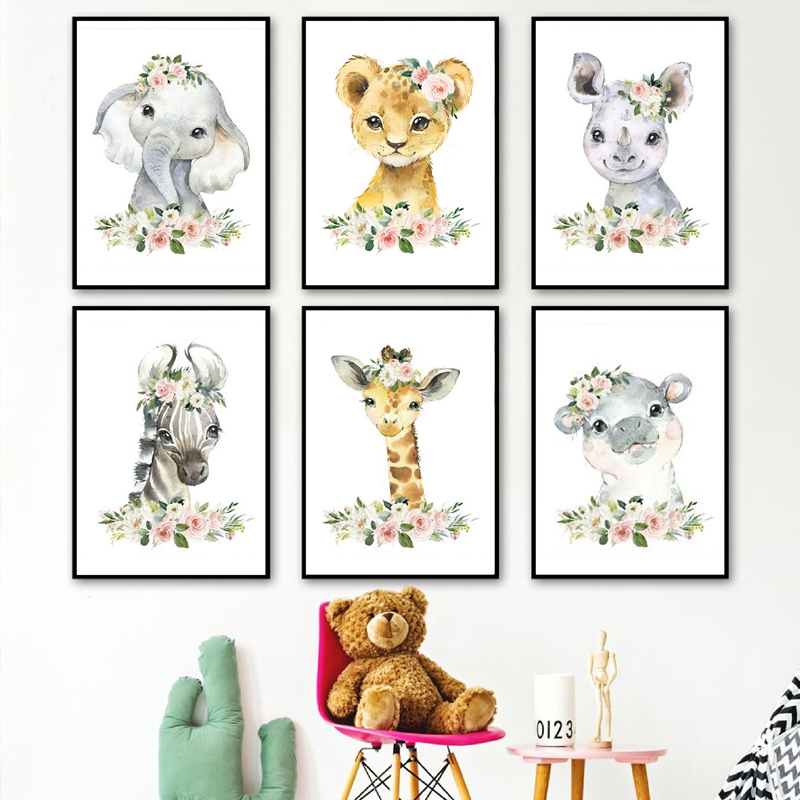 Baby Nursery Giraffe - Bloemen Jungle Dieren Canvas Prints Kinderkamer