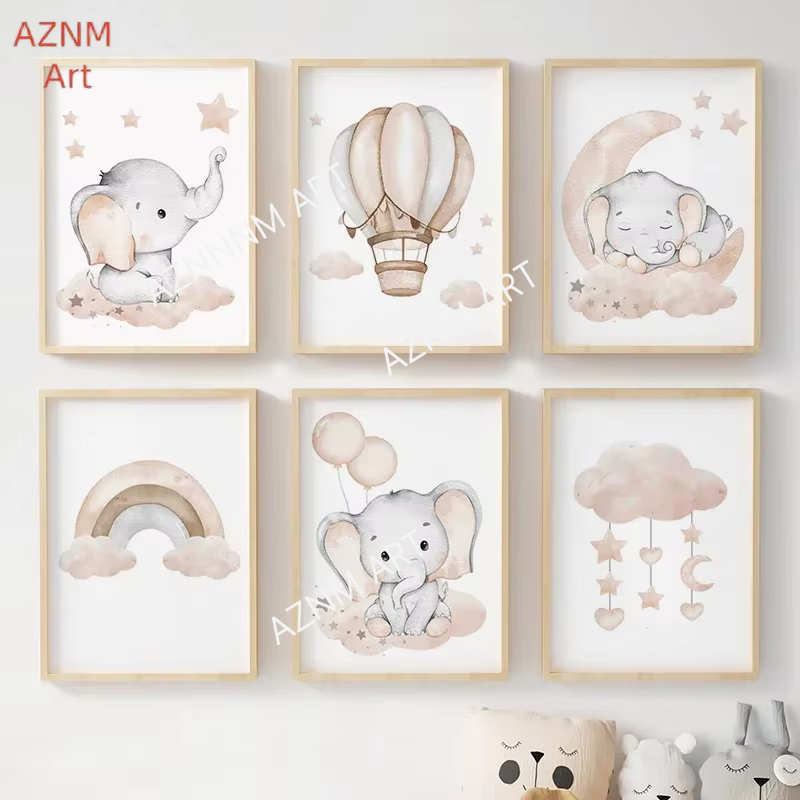 Baby Nursery Kids - Olifant Ballon Regenboog Maan Sterren Wolk