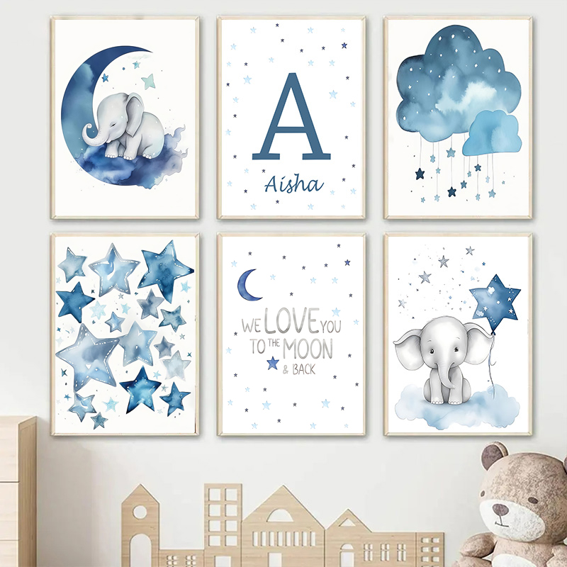 Baby Name Wall Art - Blauwe Maan En Sterren Baby Naam