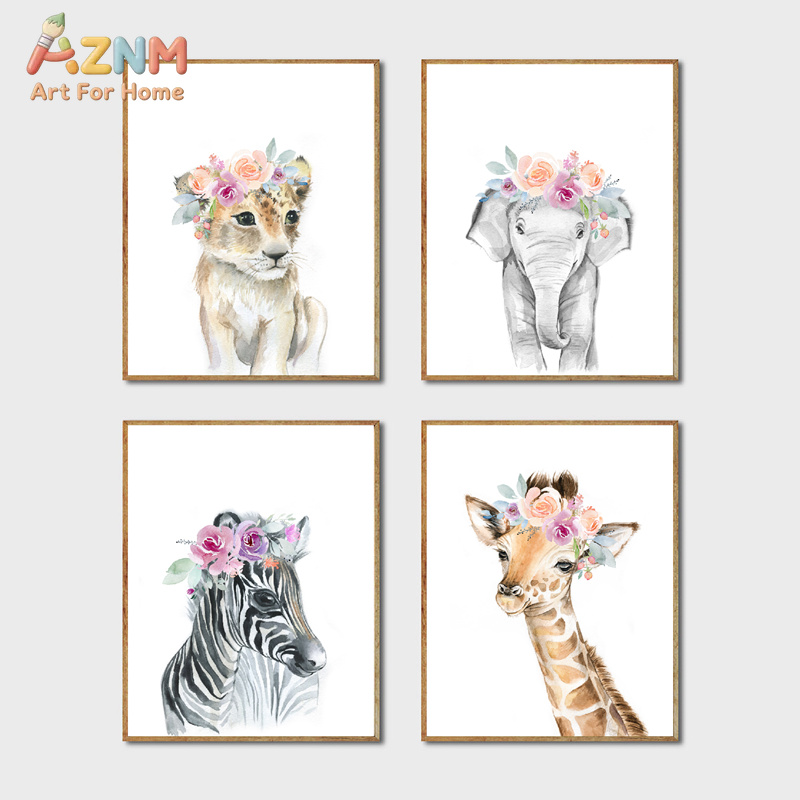 Baby Nursery Giraffe - Dieren Bloemenkroon Kunst Decor Canvas Schilderij,