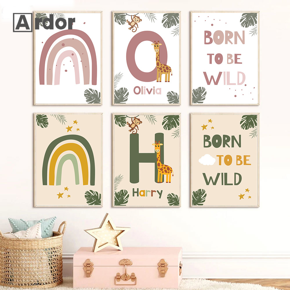 Baby Name Wall Art - Nordic Jungle Animal Posters Aangepaste Naam