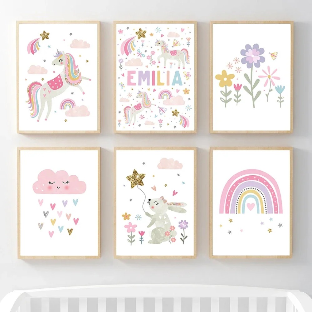 Baby Name Wall Art - Roze Eenhoorn Konijn Regenboog Wolk Bloem