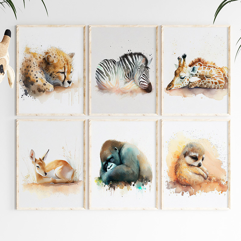 Baby Nursery Giraffe - Aquarel Slapende Safari Dieren Muurkunst Poster