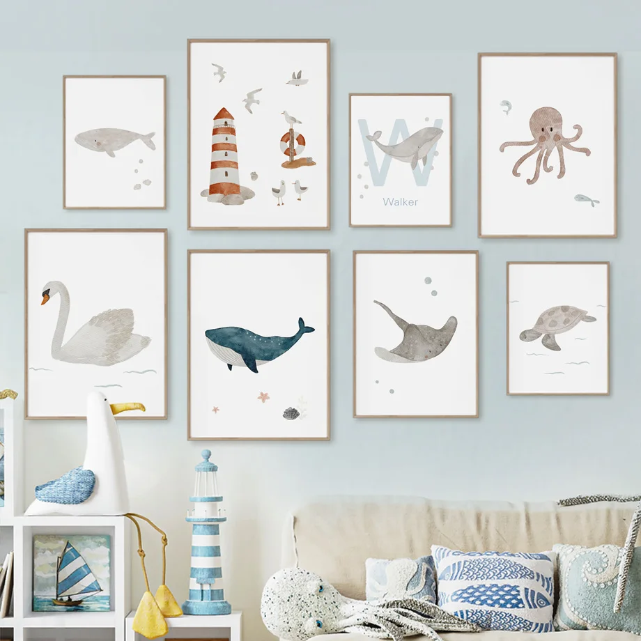 Baby Name Wall Art - Aangepaste naam walvis octopus schildpad zwaan